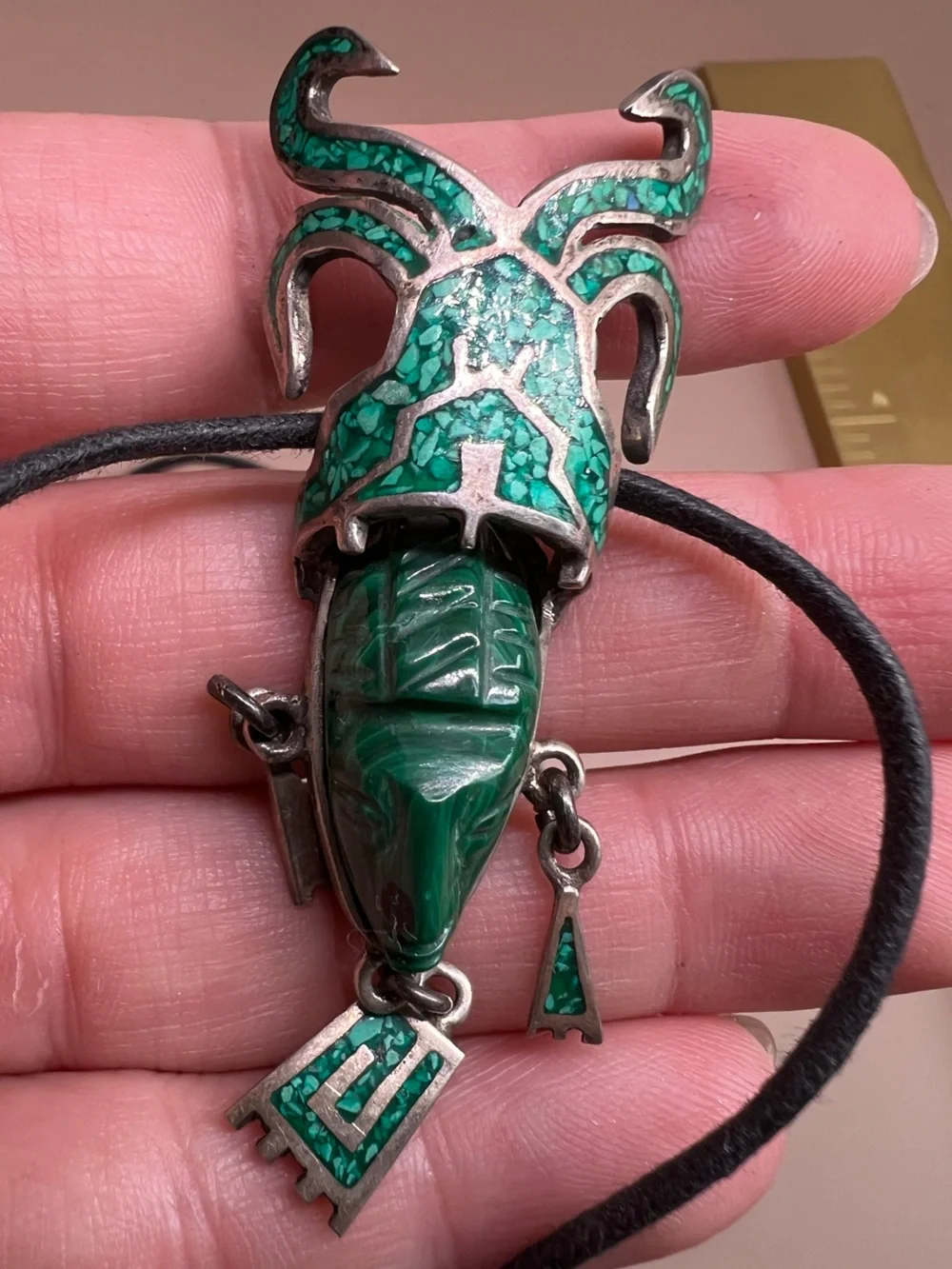 VINTAGE TAXCO MEXICO LARGE MALACHITE MASK PENDANT 925 STERLING STATEMENT